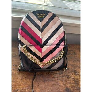 Victoria’s Secret Mini Backpack Black Pink Stripe Gold Chain Bag